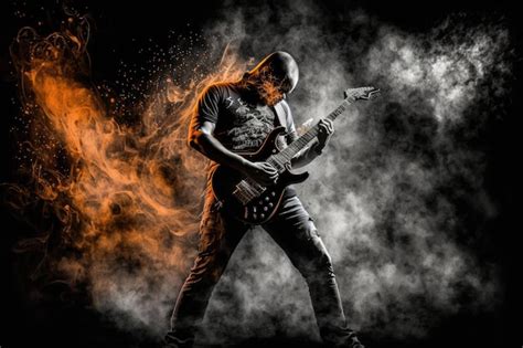 Premium AI Image | Heavy metal guitarist with fiery guitar solo in dark ...