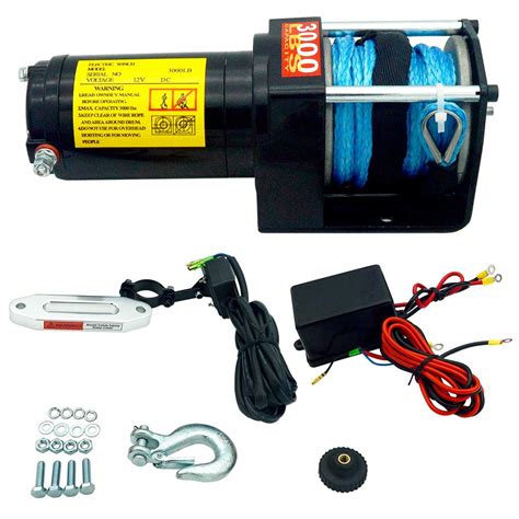 3000lb. Electric Waterproof Winch 1.2HP Synthetic Rope Remote Control - luneot