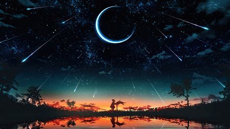 Sunset Starry Night Sky Moon Stars Anime Scenery K Hd Wallpaper Rare ...