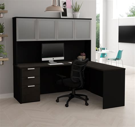 71" x 62" Deep Gray & Black L-Shaped Desk & Hutch by Bestar - OfficeDesk.com