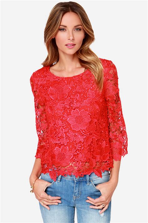 Pretty Red Top - Long Sleeve Top - Lace Top - $32.00