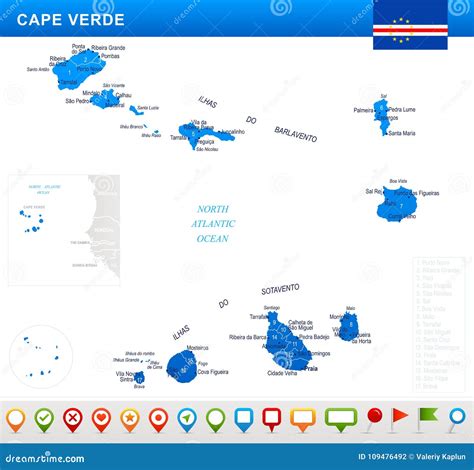 Cape Verde - Map, Flag and Navigation Icons - Detailed Vector Illustration Stock Illustration ...