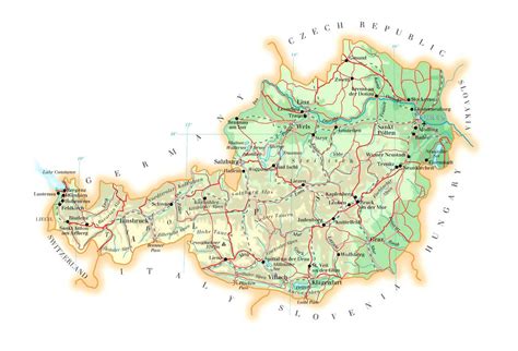 Detailed elevation map of Austria with roads, cities and airports | Austria | Europe | Mapsland ...