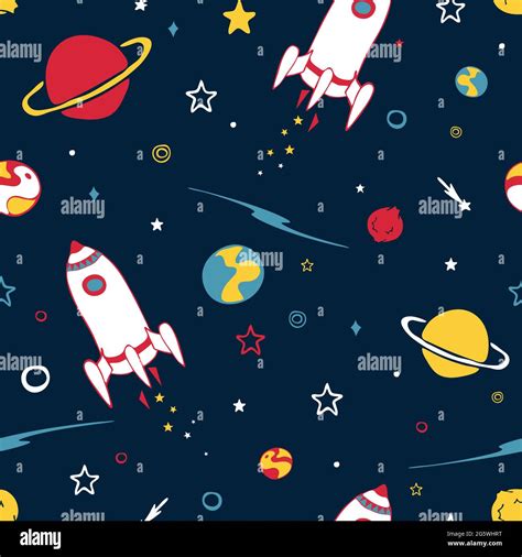 Seamless vector pattern with spaceship on dark blue background. Hand drawn space wallpaper ...