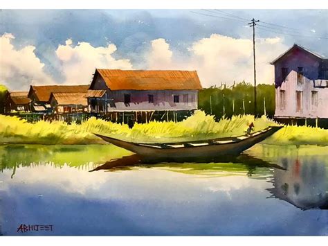 The Selfless | Rural Landscape | Watercolor Painting by Abhijeet Bahadure | Exotic India Art