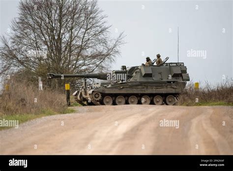 a British army military AS90 (AS-90 Braveheart Gun Equipment 155mm L131) armoured self-propelled ...