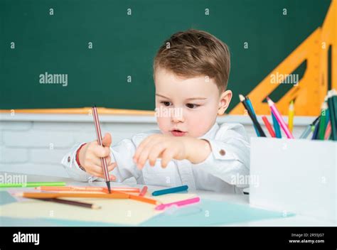 Kid boy writing in classroom. Schoolboy studying homework during her lesson at home Stock Photo ...