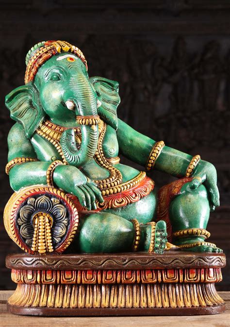 Wood Relaxing Green Ganesh Statue on Pillow 24" (#98w4b): Lotus Sculpture