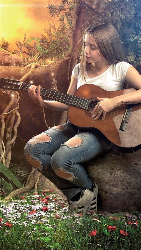 Music for relax, girl, guitar, jeans, nature, playing guitar, pretty ...