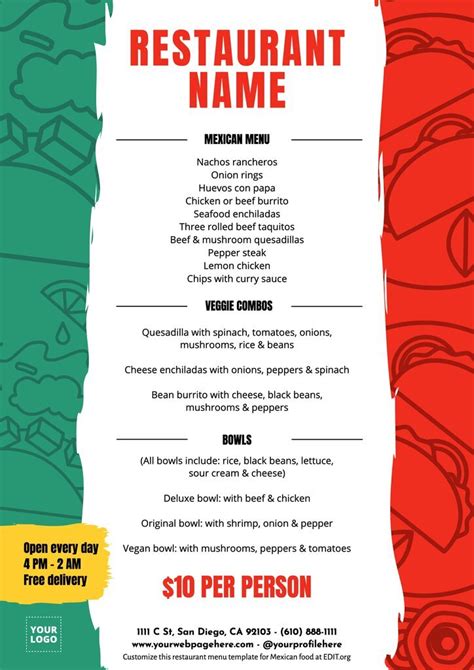 Customize free Mexican menu templates