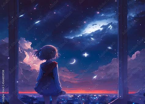 alone anime girl watching the night stars Stock Illustration | Adobe Stock