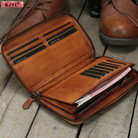 BJYL Full leather men's long zipper wallet handmade vegetable tanned leather wallet young large ...