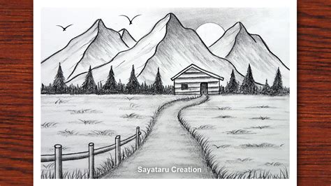 How to draw Sunset in Mountain with pencil, Sayataru Creation Drawing 2021