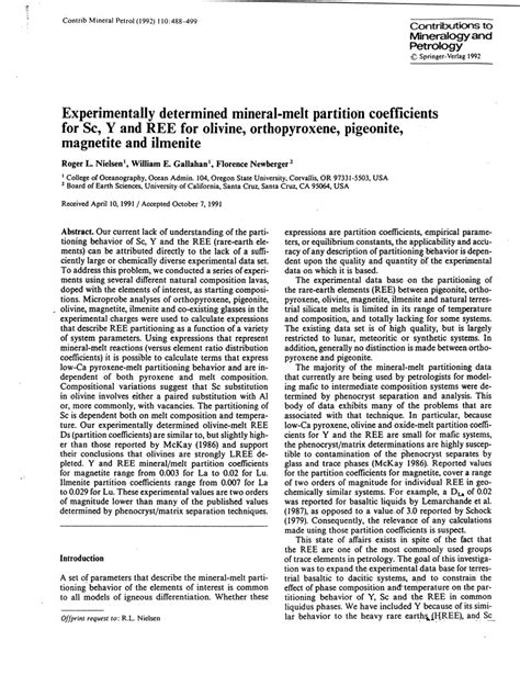 (PDF) Experimentally determined mineral-melt partition coefficients for Sc, Y and REE for ...