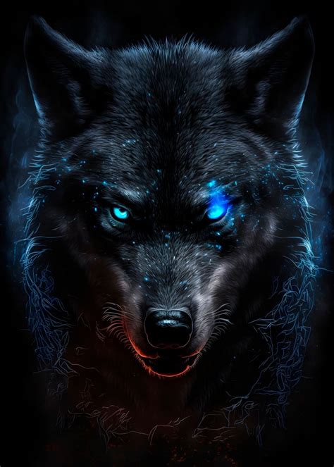 'angry Wolf blue eyes art ' Poster, picture, metal print, paint by mk studio | Displate