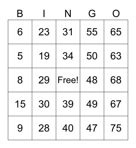 Number Bingo 1-75 Bingo Card