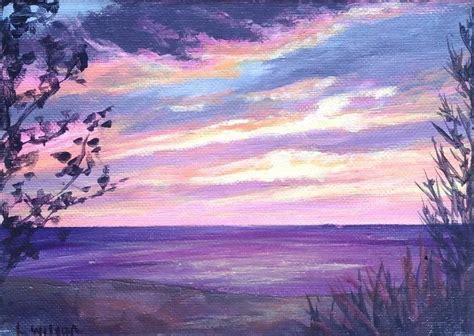 Pink Sunset over the Beach, Seascape painting, Acrylic on canvas ...