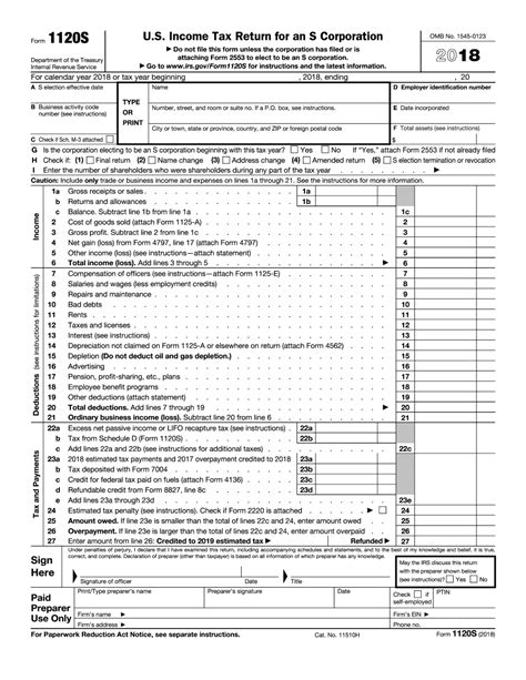 2018 - 2019 IRS Form 1120-S - Editable Online Blank in PDF