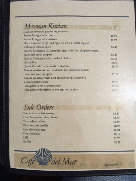 Menu at Cafe del Mar, Rosarito, Carretera Libre Tijuana-Ensenada Km. 38.5 Col. El Morro