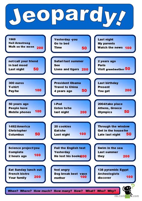 Role Play - Jeopardy : Past Simple g…: English ESL worksheets pdf & doc