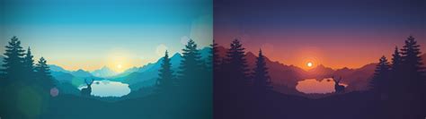 Dual Screen Pc Wallpaper Two Different Views Of Trees And Mountains With The Sun Setting In The