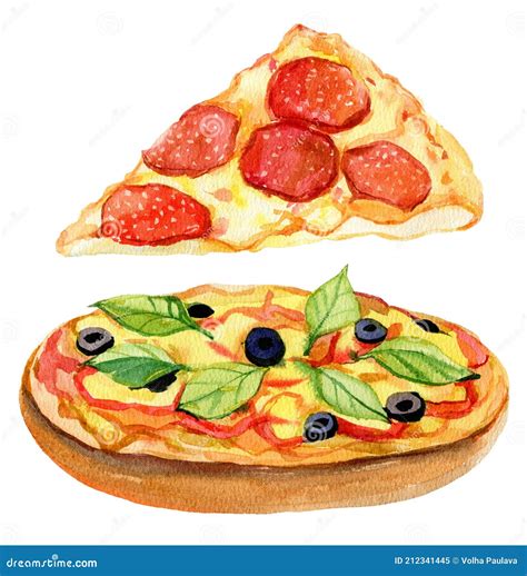 Pizza and Slice of Pizza on White Background, Watercolor Stock Image ...