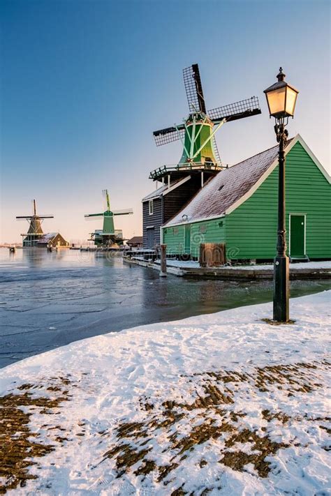 Zaanse Schans Netherlands A Dutch Windmill Village During Sunset Whit ...