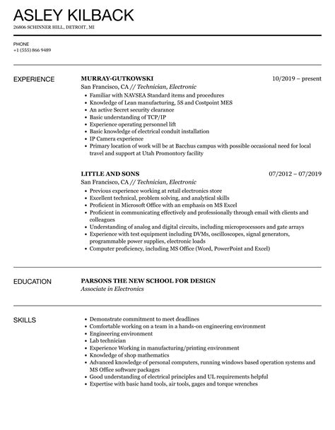 Technician, Electronic Resume Samples | Velvet Jobs