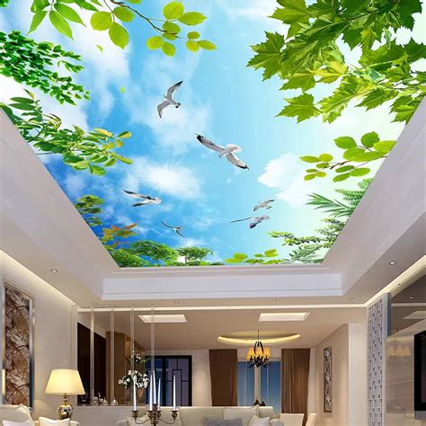 Blue Sky White Clouds Green Leaves Ceiling Murals Wallpaper Living Room Bedroom Ceiling ...