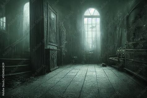 creepy interior of an abandoned building background, concept art, digital illustration, haunted ...