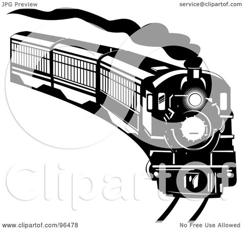 Royalty-Free (RF) Clipart Illustration of a Black And White Steam Train Coming Around A Curve by ...