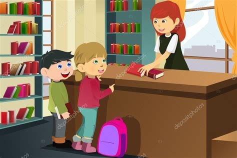 Kids borrowing books in the library — Stock Vector © artisticco #28488907