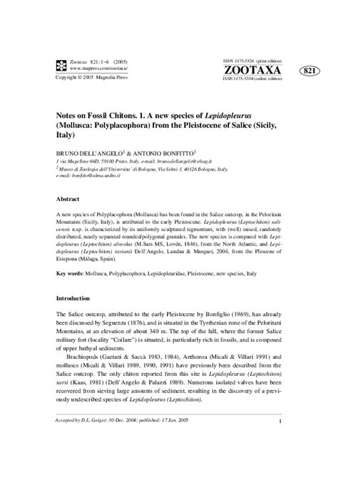 (PDF) Notes on Fossil Chitons. 1. A new species of Lepidopleurus (Mollusca: Polyplacophora) from ...