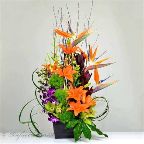 Zen artistry of ikebana styles with vibrant orange and purple colors