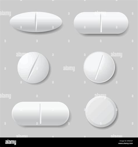 Set of vector illustrations of white medicine pills, round and oval ...