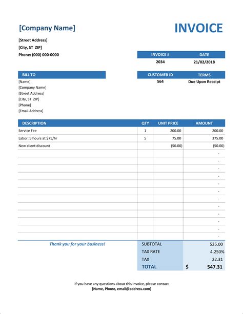 Service Invoice Template Excel - SampleTemplatess - SampleTemplatess