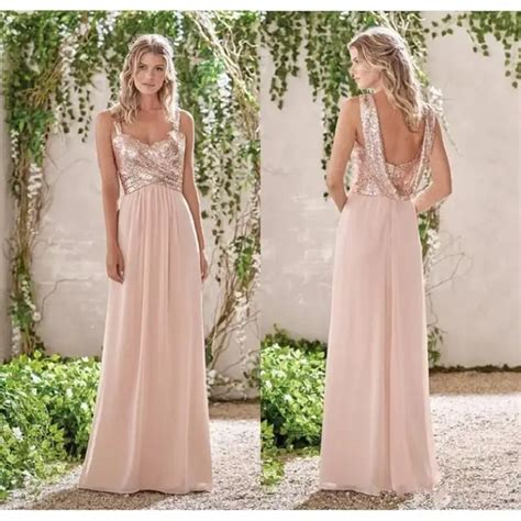 2017 New Rose Gold Bridesmaid Dresses A Line Spaghetti Straps Backless Wedding Party Dress ...