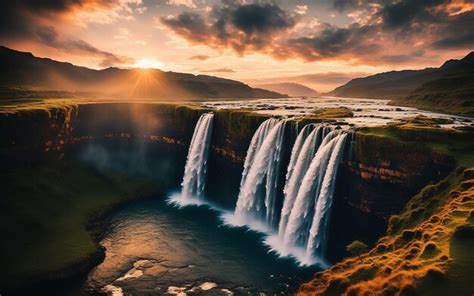 Premium AI Image | a professional picture of cinematic sunset waterfall