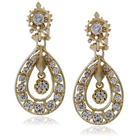 14kt Yellow Gold Round Cut Diamond Dangle Earrings