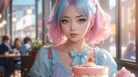 Anime Girl Cake Cafe 4K #6680j Wallpaper PC Desktop