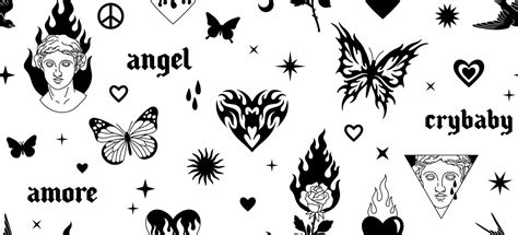 Tattoo art 1990s, 2000s. Y2k seamless pattern. Butterfly, fire, flame, heart, greek statue ...