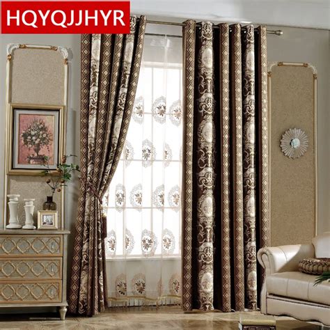 Brown/beige luxury European chenille embroidery Blackout curtains for Living Room modern simple ...