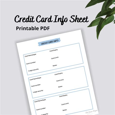 Credit Card Information Sheet PDF Printable Template Home Management Binder Insert, Life Binder ...