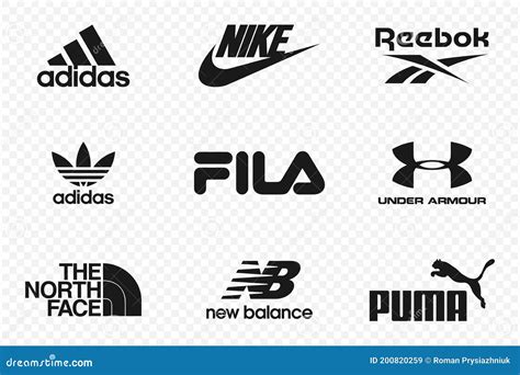 Top Clothing Brands Logos. Set of Most Popular Logo - NIKE, Adidas, Reebok, Puma, New Balance ...