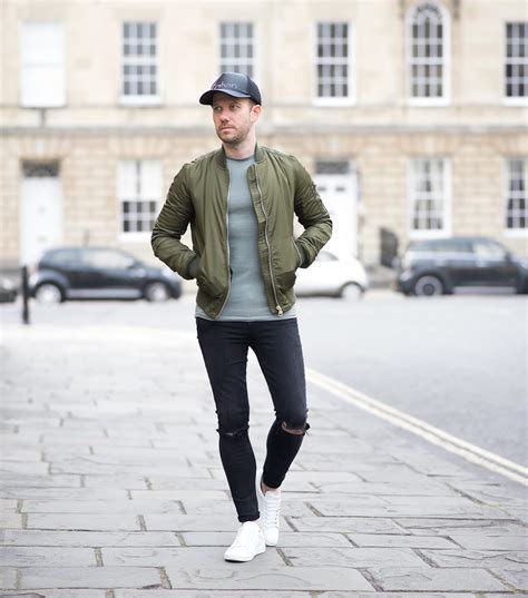 Topshop Green Bomber Jacket And Black Ripped Skinny Jeans Mens Outfit ...