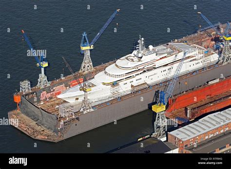 Aerial view, Mega-Yacht Eclipse by Roman Abramowitsch on the dry dock, Hamburg, Germany Stock ...