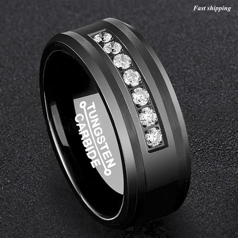 8Mm Black Tungsten Carbide Ring 7 Diamonds Inlay Comfort Fit ATOP Men Wedding Ba | eBay