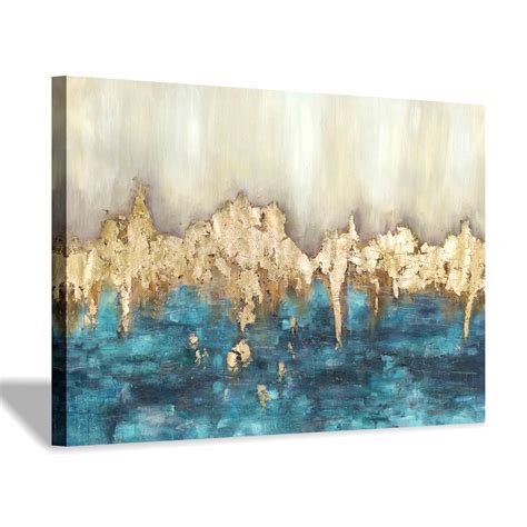 Hand Painted Canvas Wall Art: Large Dark Blue Gold Abstract Artwork ...