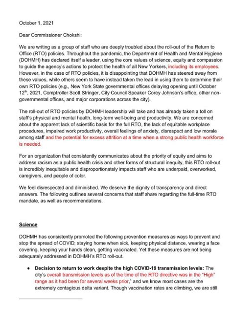 NYC DOHMH Letter To Commissioner Re: COVID Return To Office | PDF