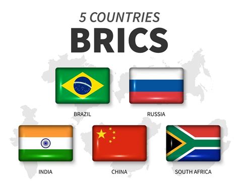 BRICS and membership flag . Association of 5 countries . Round angle rectangle shiny button and ...